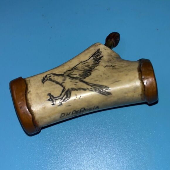 Vtg 1978 DH Derosia scrimshaw bone & copper powder flask/snuff
